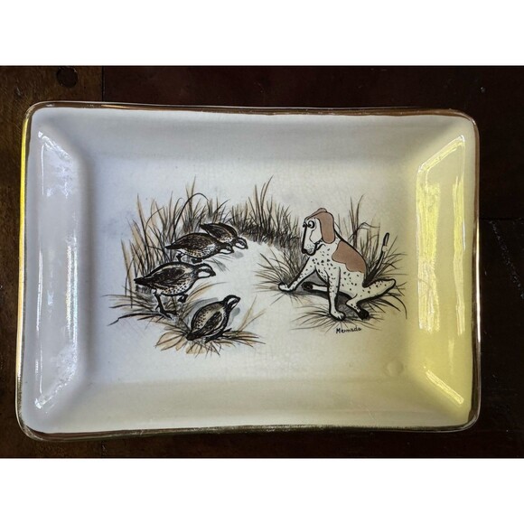 Delano Studio Gold Rimmed Tray Plate Dog Ducks 1962 Hand Colored Mermade VTG 60s - Picture 1 of 5